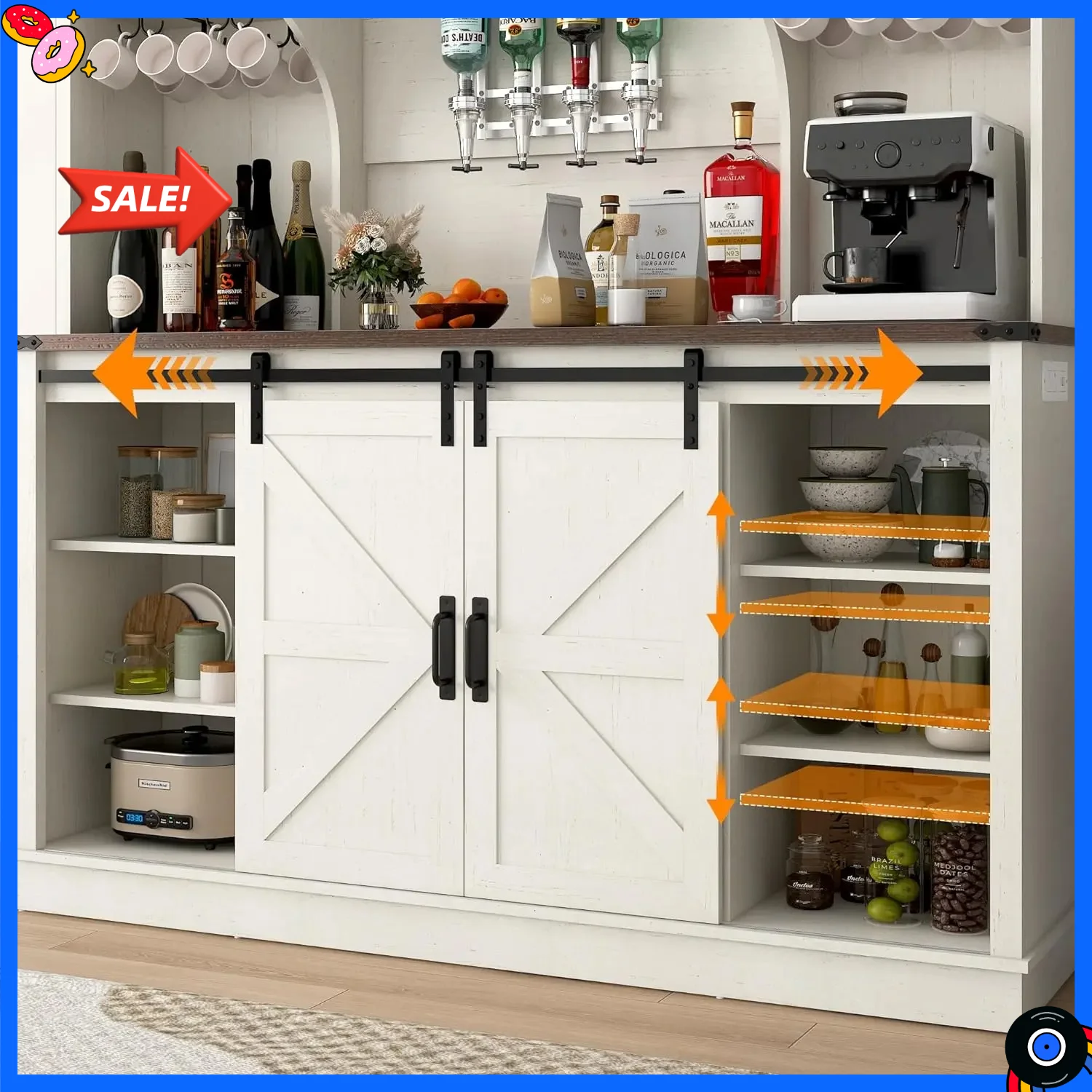 

Бестселлер: Кофейный шкаф в стиле фермерского дома с LED-подсветкой, зарядной станцией и раздвижными дверцами-амбарными воротами - 63 дюйма (Ш) x 71 дюйм (В), большая винная полка, сборная конструкция