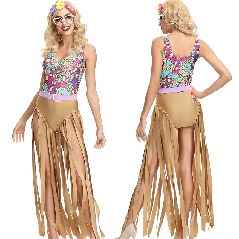 

Retro 70s European and American Disco Hippie Costume Halloween Cosplay Women Sexy Hip Hop Dancer Tassel Jumpsuit Costume