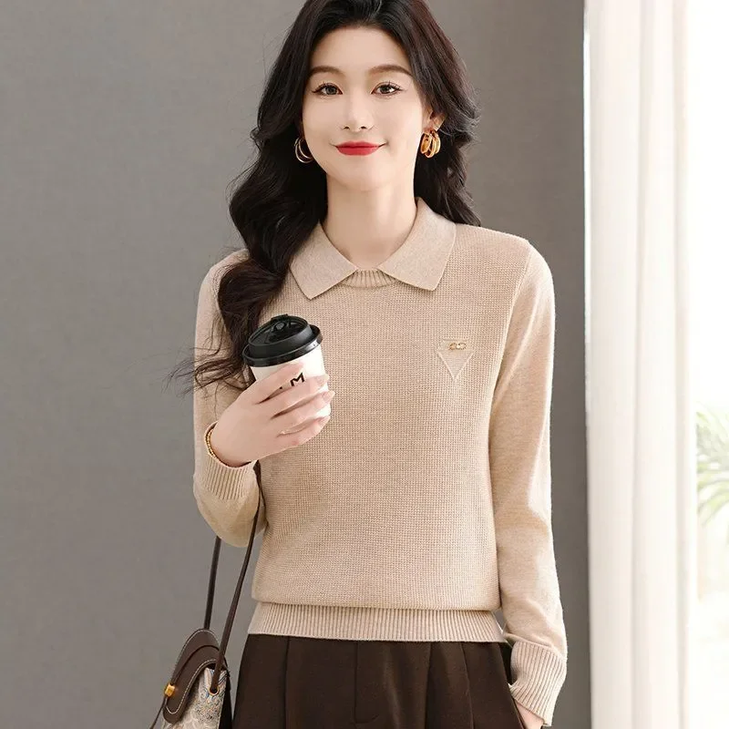 Women Peter Pan Collar Waffle Texture Knit Sweater Metal Long Sleeve Wool Blend Basic Layering Pullover Tops