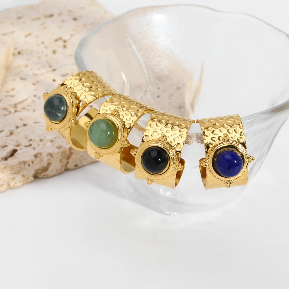 حلقات حجرية من الفولاذ المقاوم للصدأ للنساء حلقات كبيرة قابلة للفتح من الحجر الطبيعي الملون