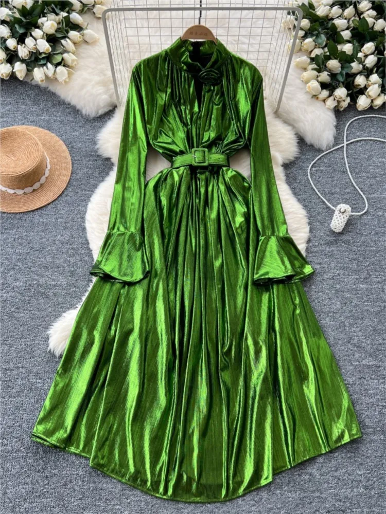 Autumn Vintage Pleated Women Long Dress Elegant Stand Collar Solid A-Line Party Prom Vestidos Female Birthday Clothes Mujers