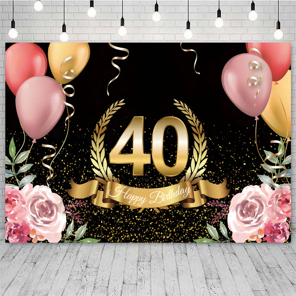 Toile de fond de photographie de joyeux 40e anniversaire pour hommes adultes, bleu marine et or scintillant, fond de 40 ans, décoration de fête brillante