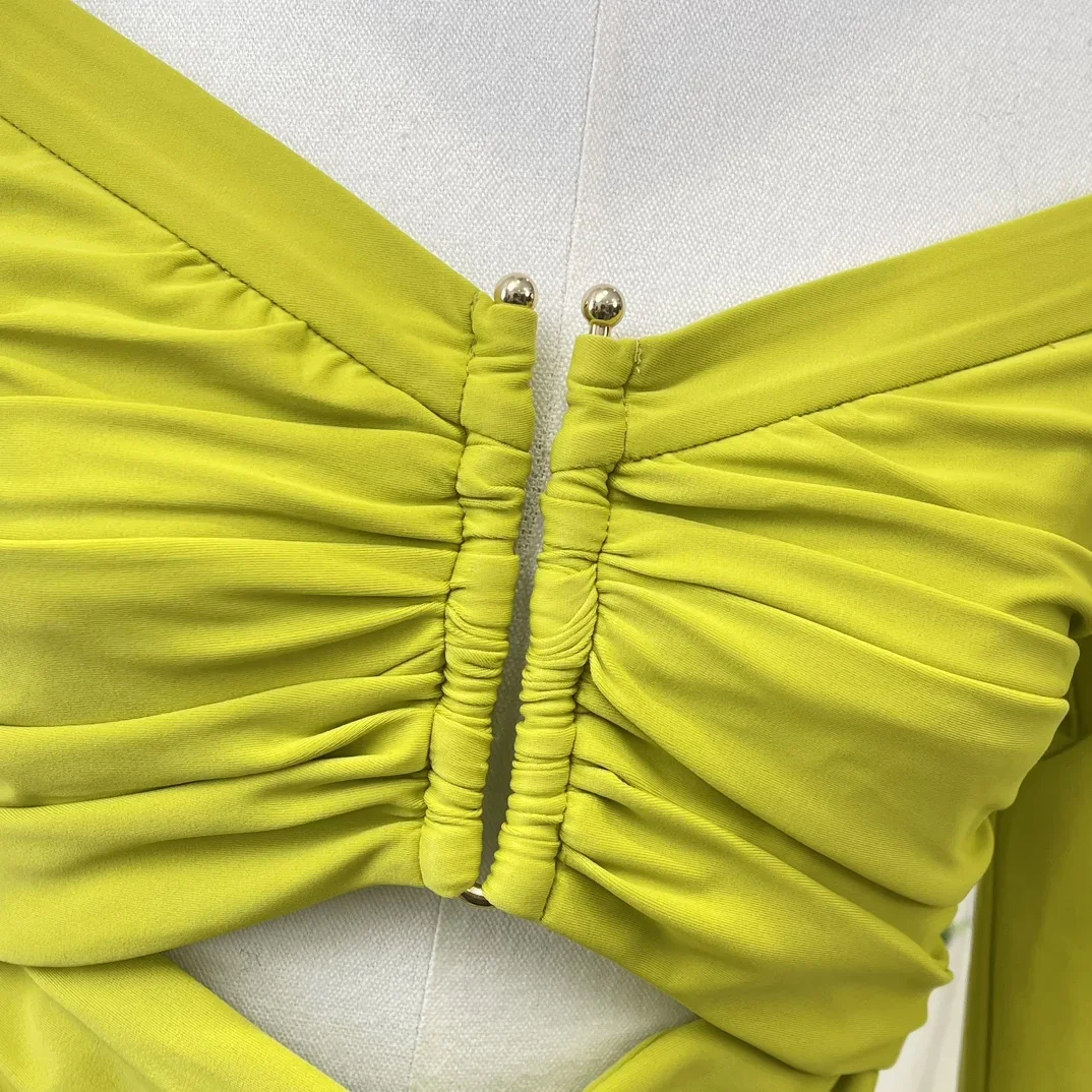 2024 New Cut Out Solid Yellow Long Sleeve Zipper Pullovers Slash Neck High Quality Folds Women Tops Blouse