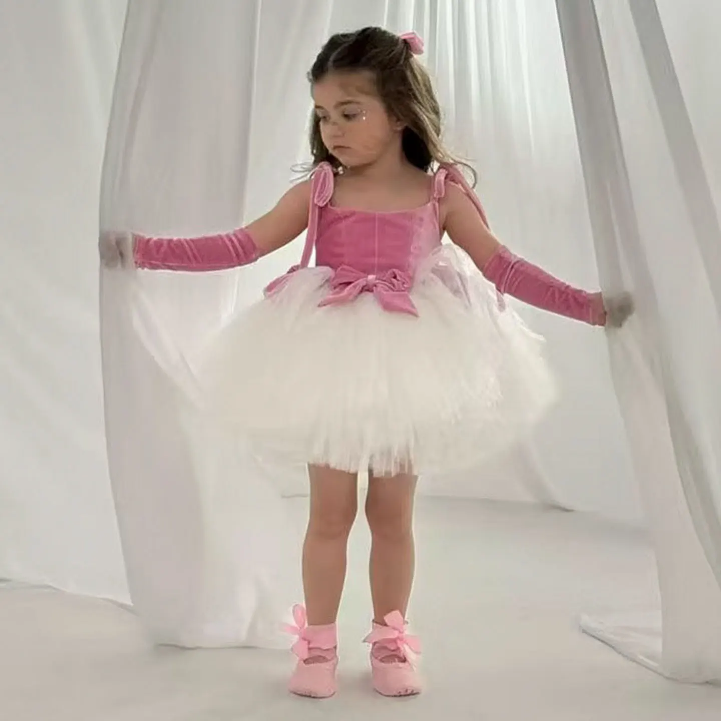 

Dreamy Vow Elegant Pink Flat Neck Strapless Bow Flower Girl Dress Children's Party Spring Summer Mini Prom Wedding Dress D117