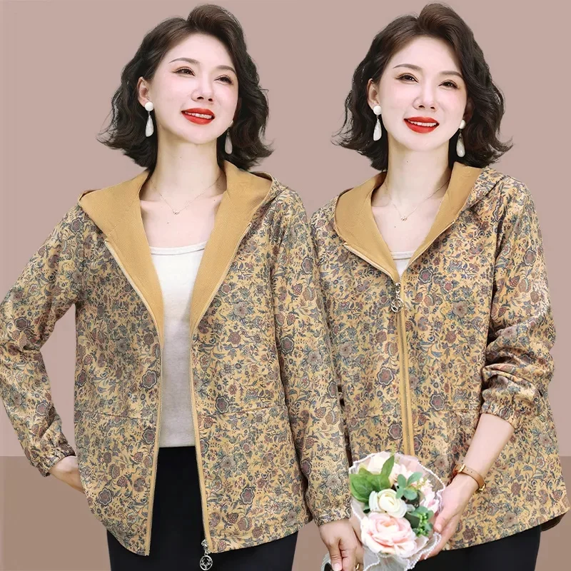 Mãe de meia-idade blusão casaco feminino 2025 primavera outono nova jaqueta com capuz curto impressão outwear estilo ocidental casaco feminino