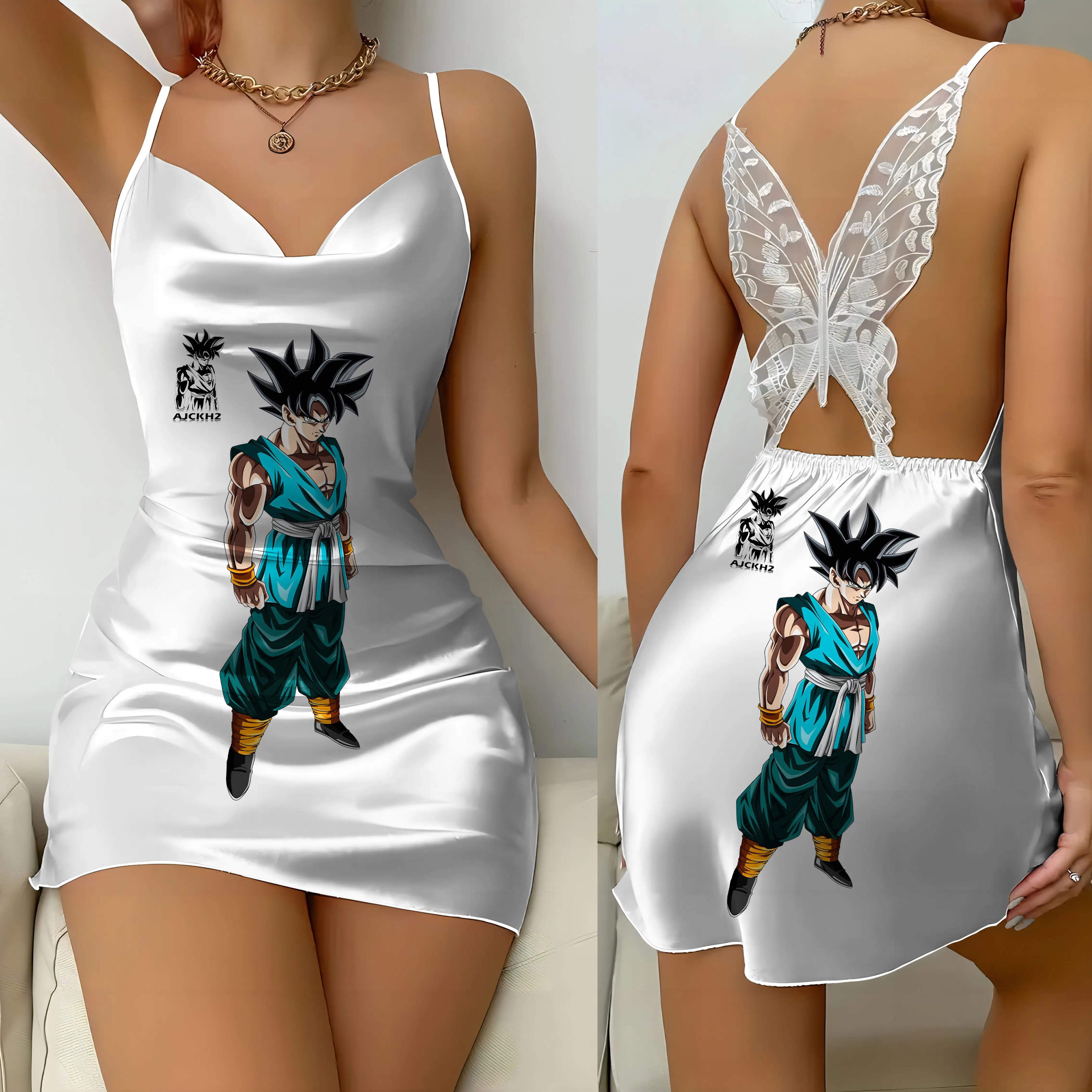 Backless Dress Son Goku Fashion Summer Dresses 2024 Bow Knot Dragon Ball Pajama Skirt Satin Surface Womens Party Mini Sexy Lace