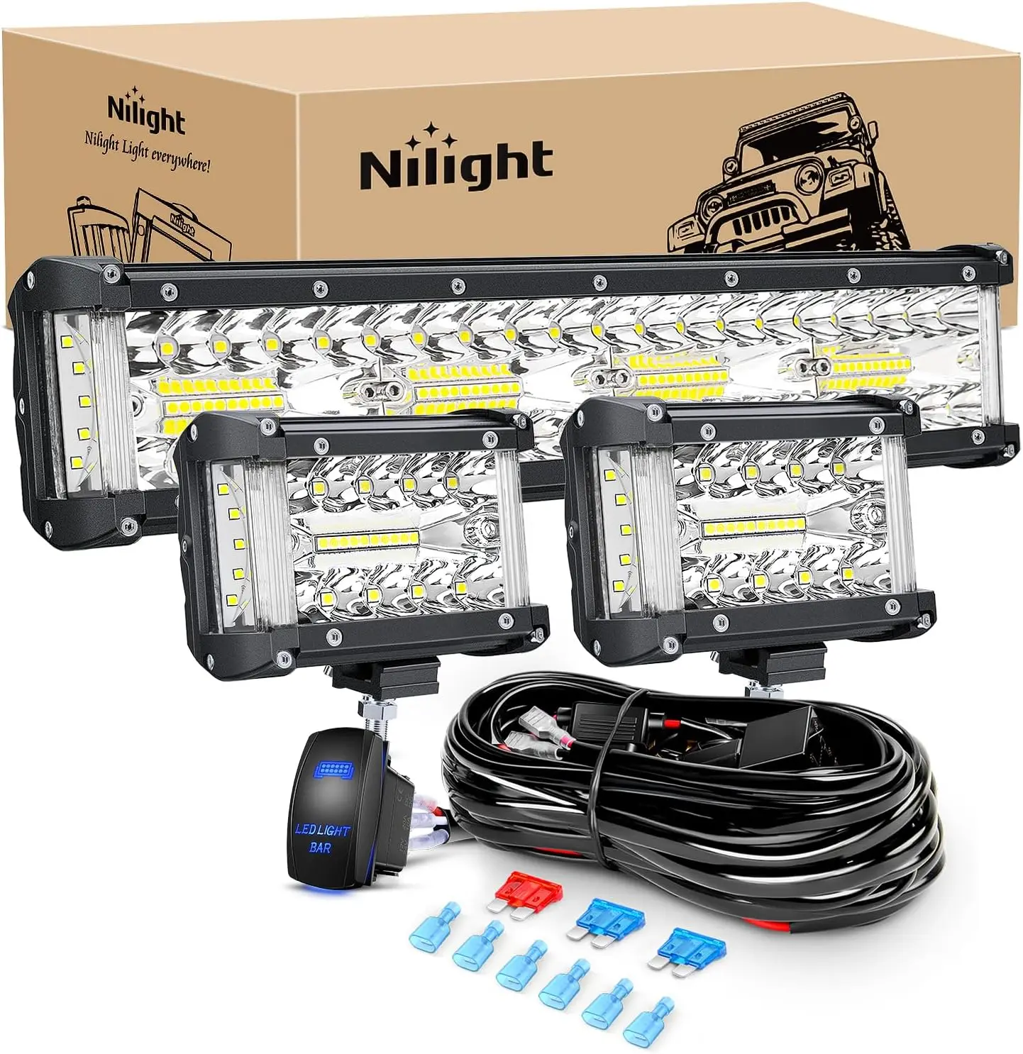 

12 Inch Triple Row LED Light Bar Set with 4.3 Inch Pods and Wiring Harness for Off-Road Vehicles