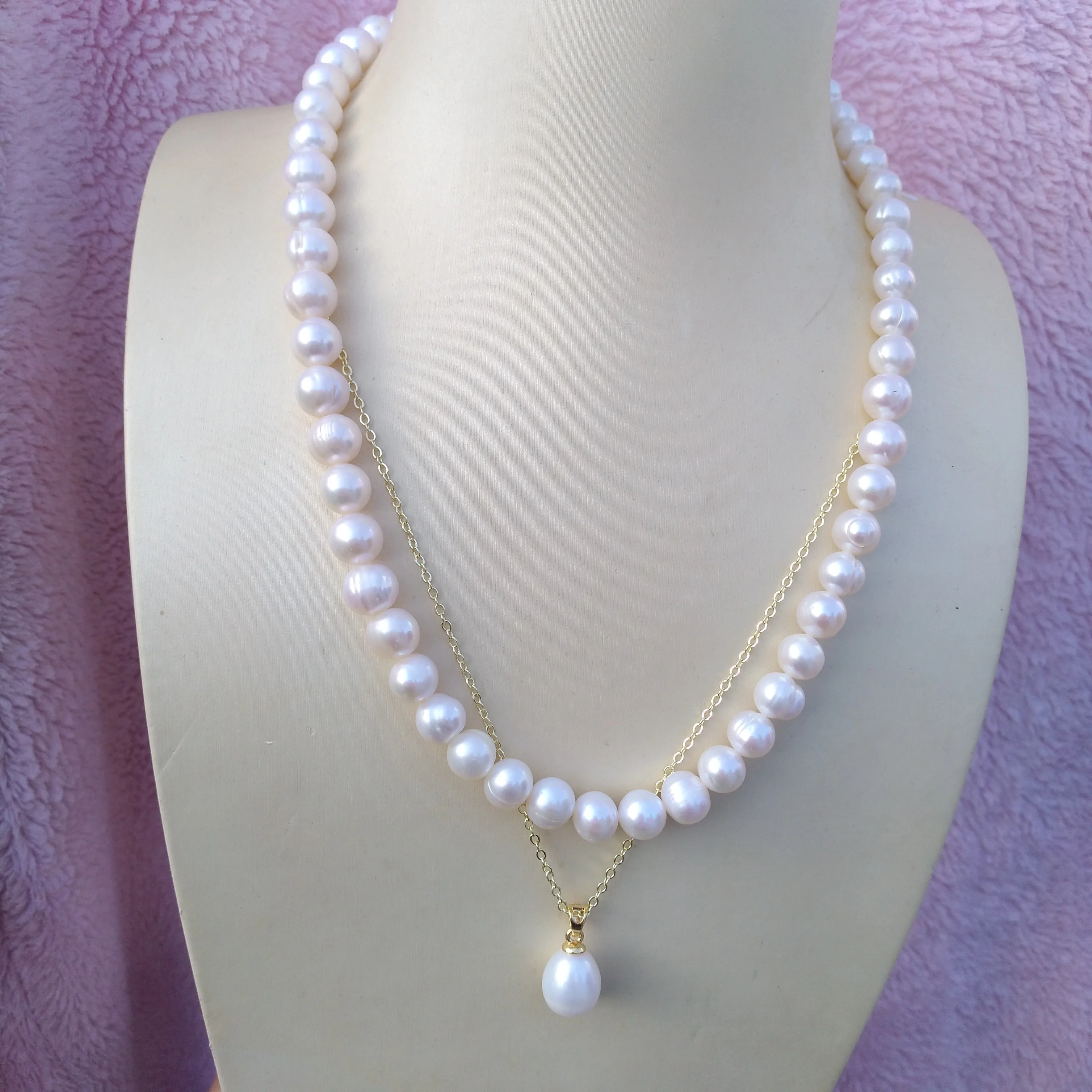 2 Row Natural 7-8mm Aaa+ Akoya White Pearl Necklace +Big 10-11mm Akoya Pearl Pendants  Graduation, Mother's Day, Valentine's Day