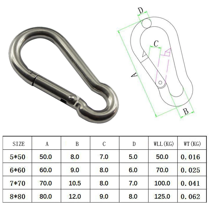 1pcs Silver Carabiner Hook Marine Stainless Steel 50mm 60mm 70mm 80mm Length Large Heavy Duty Stainles Carabiner