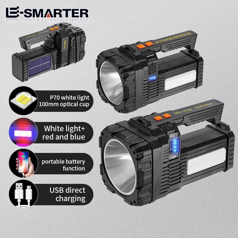 Portable Searchlight USB Rechargeable Lantern P70 Wick Solar Led Flashlight Super Bright Work Lights Outdoor Camping Light