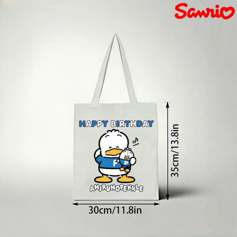 

1pc Sanrio Pekkle Canvas Tote Bag, Happy Birthday Print Casual Shoulder Bag, Eco-friendly Reusable Handbag