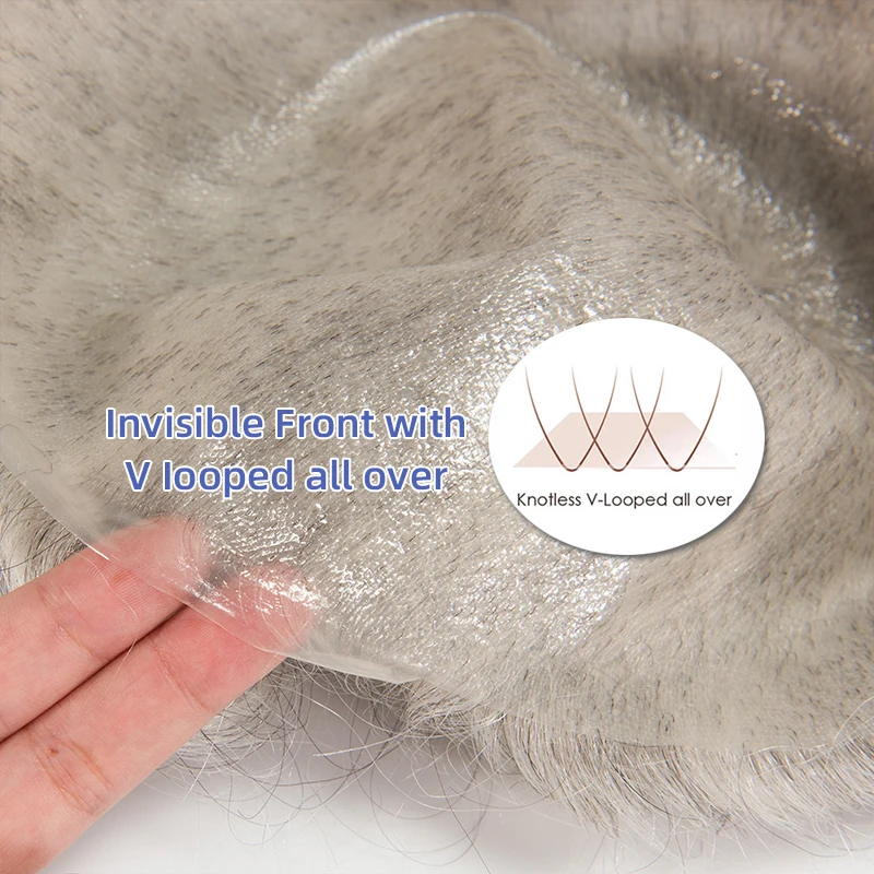 Men Toupee Thin Skin 0.02-0.03mm V-loop PU Real Human Hair Replacement System Hairwigs Men's Capillary Prothesis Grey Hair