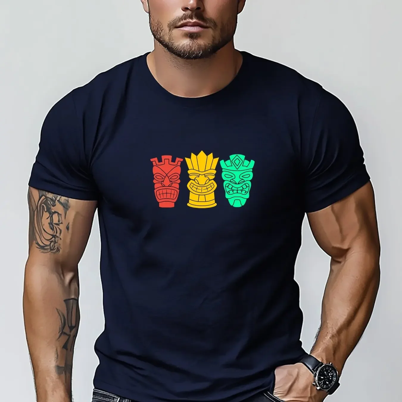 Vintage Three Different Styling Solid Color Tiki Totem Polynesian Tribal Simple Graphic Casual Short Sleeve Tee