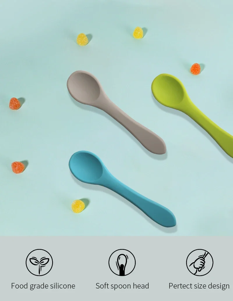 Wholesale 100% Safe BPA Free First Stage Toddler Weaning Feeding Soft Spoons Infant Silicone Baby Spoon