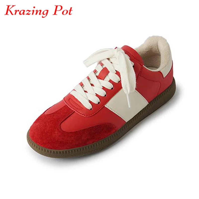 

Krazing Pot Size 40 Fashion Cow Leather Round Toe Lace Up Low Heels Casual Shoes Platform Mixed Color Sneakers Vulcanized Shoes