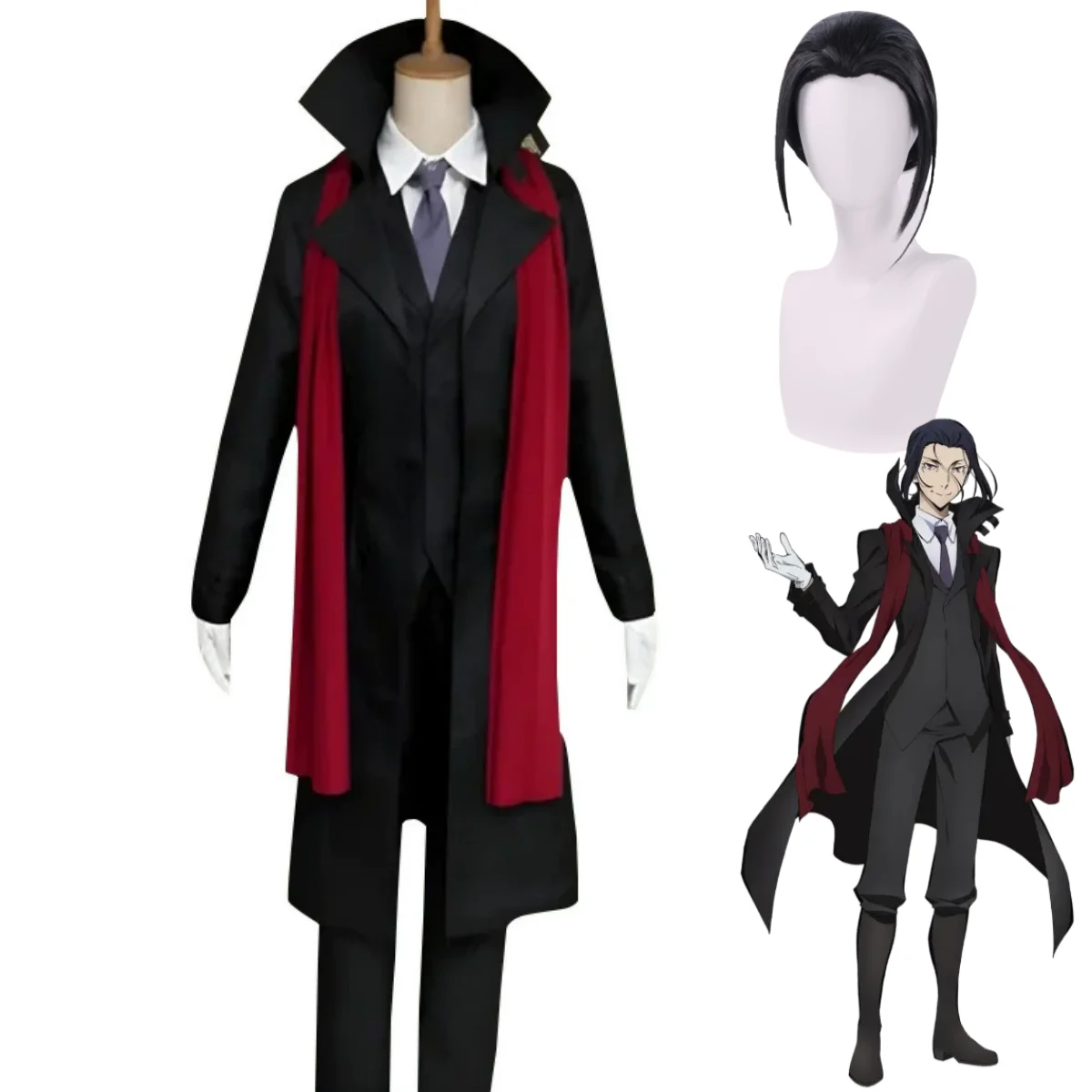 

Anime Bungo Stray Dogs Season 2 Mori Ogai Cosplay Costume Black Long Coat Uniform Vest Shirt Man Halloween Christmas Suit