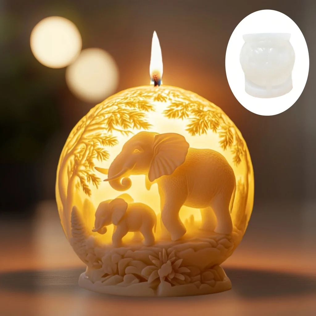 Elephant Spherical Scented Candle Silicone Mold Small Elephant mother and son Walking Woods Spherical Resin Mould Plaster Molds