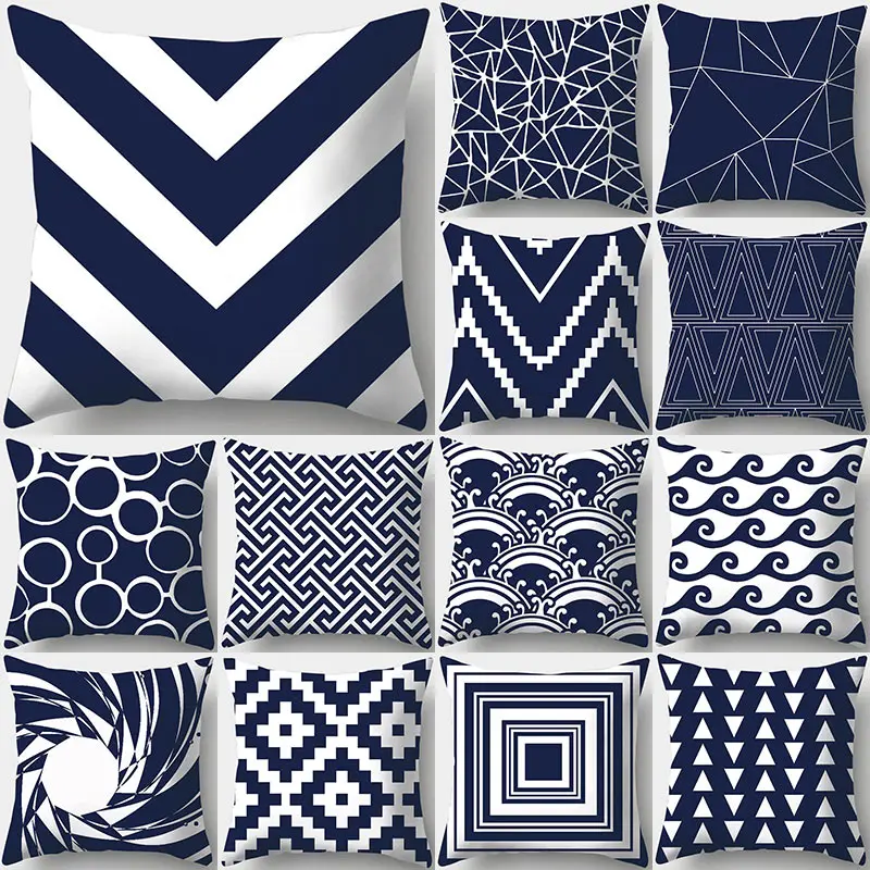 Dark Blue Geometric Print Decorative Cushions Pillowcase Polyester Cushion Cover Throw Pillow Sofa Decoration Pillowcover 40936