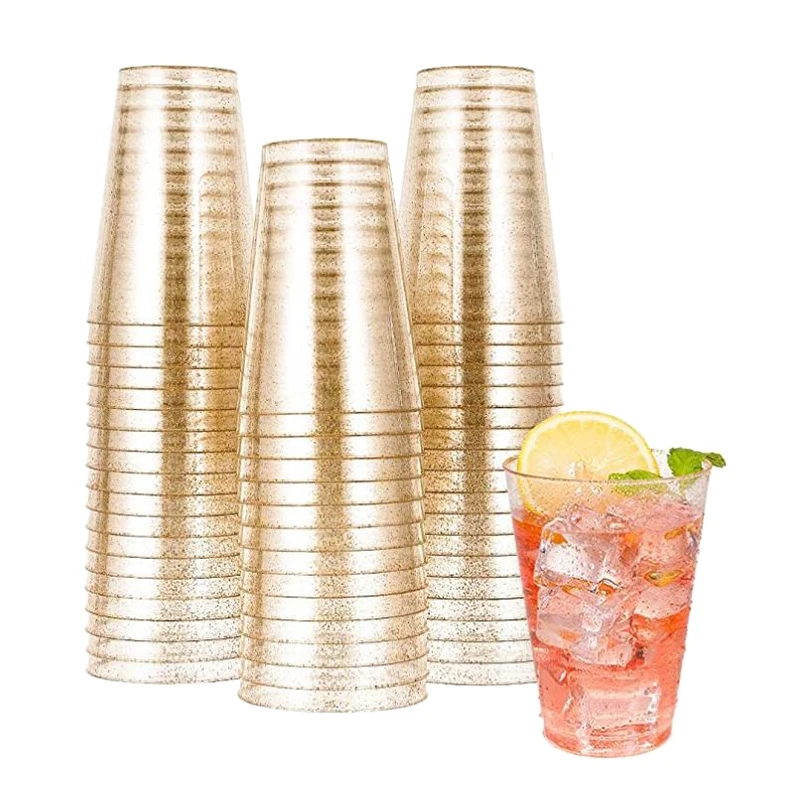 50Pcs 10OZ Gold Plastic Cups, Disposable Gold Glitter Plastic Cups, Clear Plastic Cups Tumblers, Wedding Cups Cups-AT35
