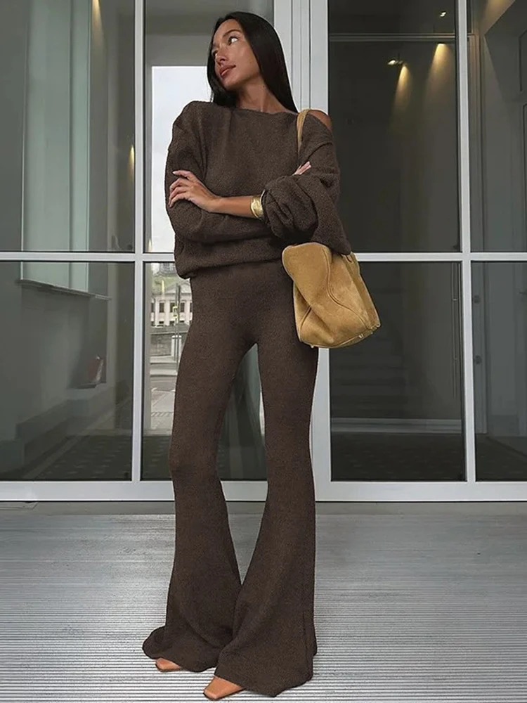 Nibber Comfortable Fleece 2-Piece Set Women Skew Collar Full Sleeve Crop Tops+Elastic Waist Flared Pants Fashion Simple Suits