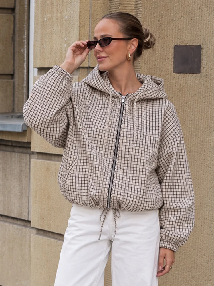 HH Women Fashion Hooded Jacket Casual Drawstring Hem Long Sleeve Vintage Grid Print Outerwear 2026 Autumn Sports Party Chic Coat