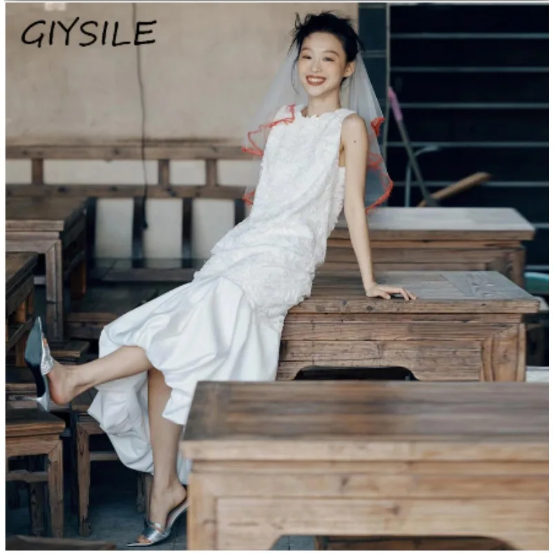 

French Bride's White Wedding Dress, White Gauze Dress, Daily Simple DressDress Formal Dress Women Elegant Simple Evening Dress