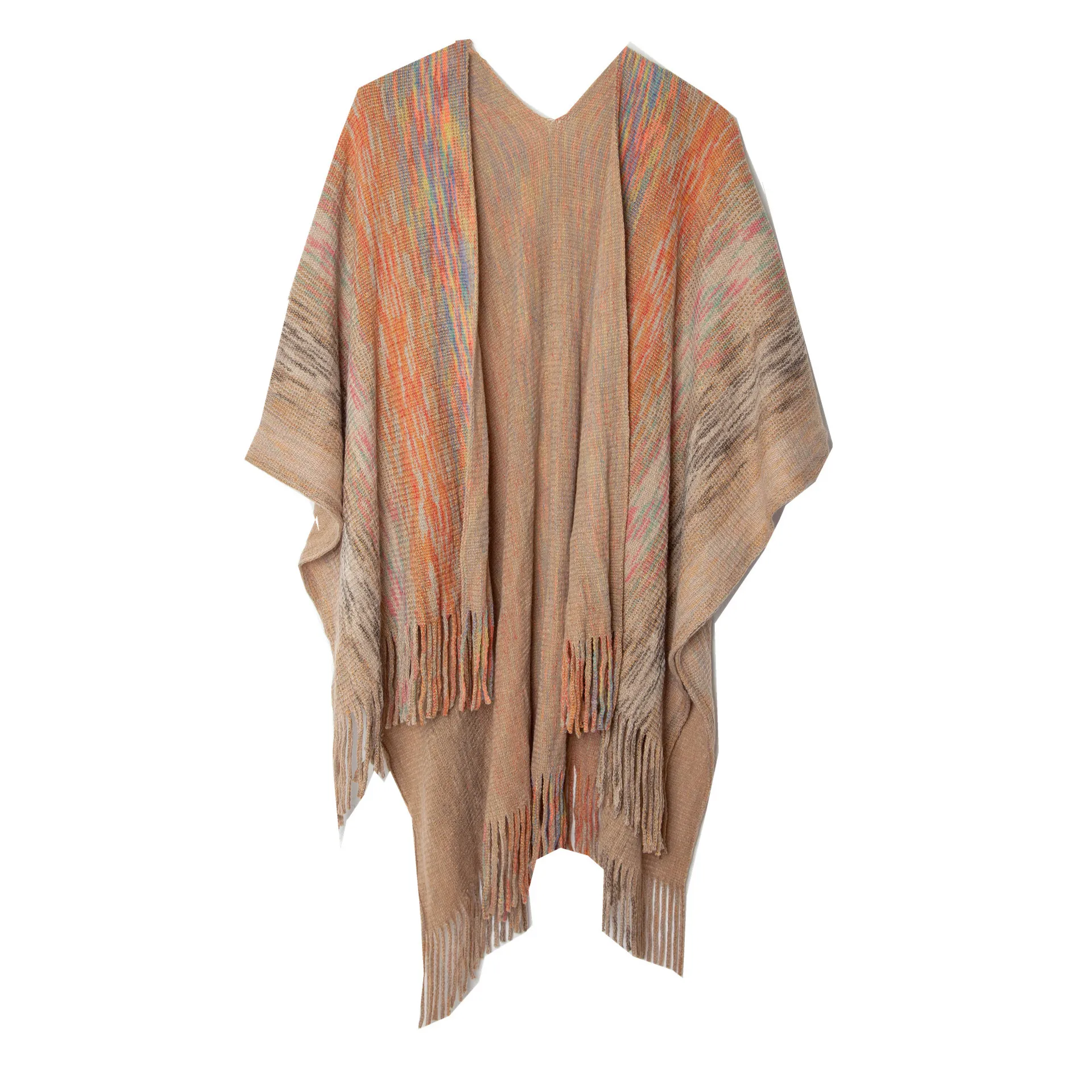 Primavera outono fade cor borla dividir xale tricô moda casual mulher poncho senhora capas caqui capas