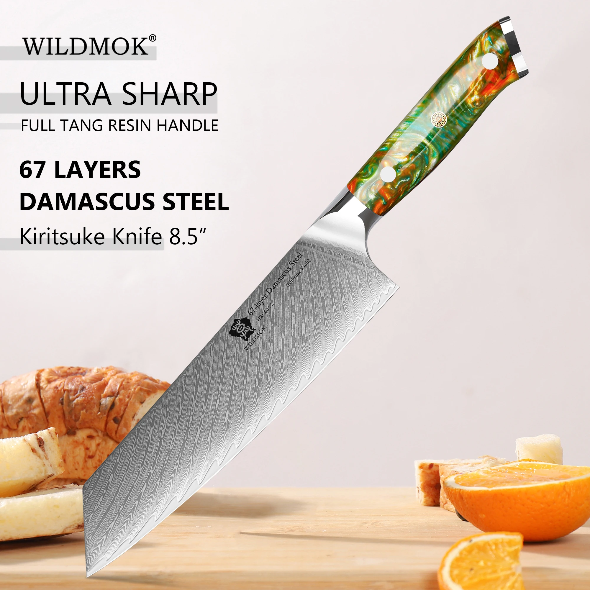 WILDMOK Hand Forged Kitchen Kiritsuke Knife 8 Inch, VG10 Damascus Pattern Blade with Comfort Resin Grip Handle