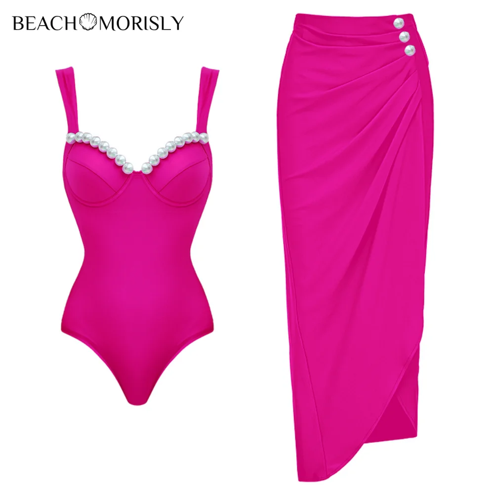 

2024 New Swimsuit Sling Pearl Decor Pink One Piece Swimwear Women Vacation Beachwear Luxury Bathing Suit Sexy Bikini two piece