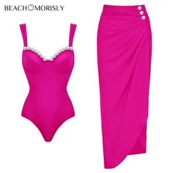 Bañador de una pieza con decoración de perlas para mujer, traje de baño de lujo, Bikini Sexy de dos piezas, color rosa, novedad de 2024