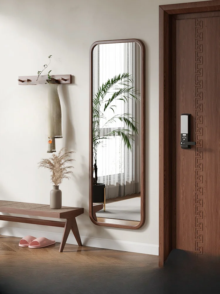 Full-length mirror floor-to-ceiling wall-mounted household full-length mirror solid wood modern simple makeup wall coat rack tes