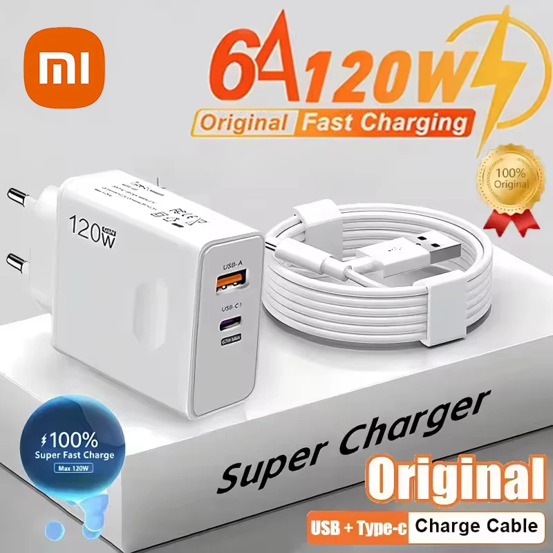 Xiaomi 120W Original Charger Fast Charge PD USB 2 In 1 Charger 2 Ports Fast Charging For Xiaomi Huawei iPhone Samsung EU US UK