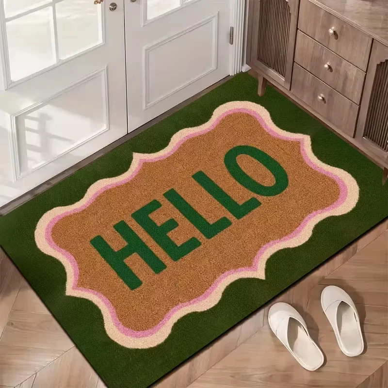 VIKAMA Hello Green Wavy Frame Pink Border Bold Letter Art Crystal Velvet Door Mat Non Slip Entryway Bedroom Living Room Home