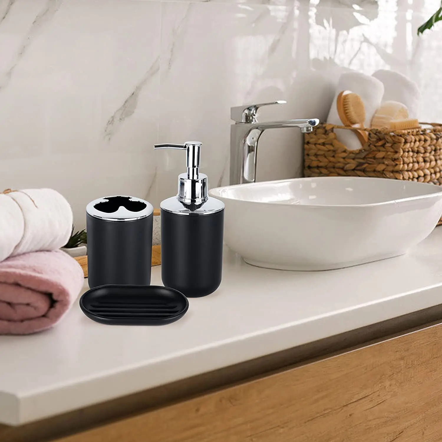 Bathroom Accessories Set of 6,with Toothbrush Holder,Toothbrush Cup,Soap Dispenser,Soap Dish,Toilet Brush Holder Black