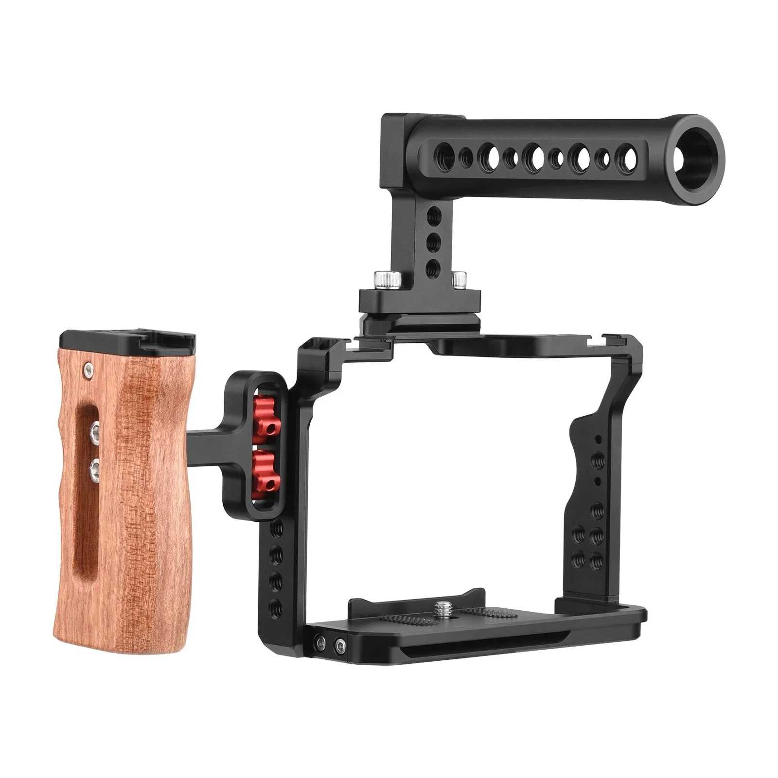 Camera Video Cage + Top Handle + Side Wooden Grip Kit Aluminum Alloy with Dual Cold Shoe Mounts for Sony A7IV/ A7III/ A7II/ A7R