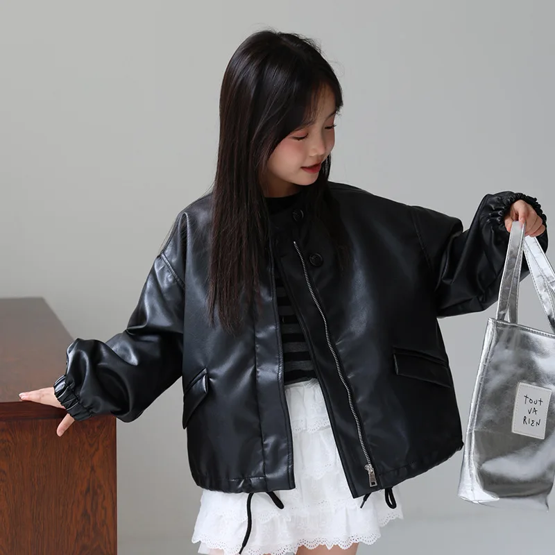 2-12Y Girls Sweet Black Pink Rock Motorcycle Pu Leather Jacket Children Waterproof Windproof Coat Kids Street Photography Wear