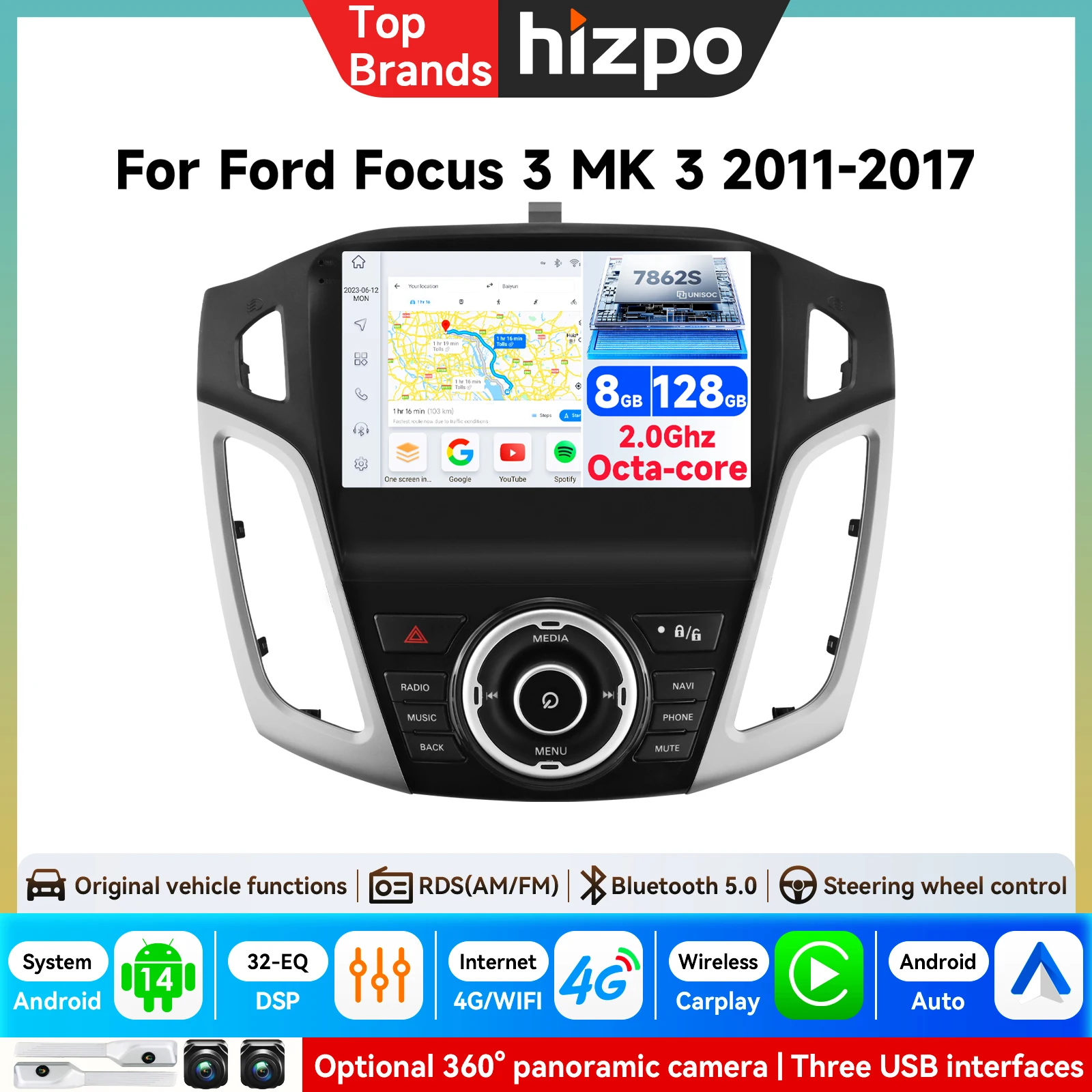 Hizpo 9'' Android Autoradio für Ford Focus MK3 2011 - 2017 Multimedia-Videoplayer Navigation GPS Stereo Auto Carplay 4G-LTE RDS