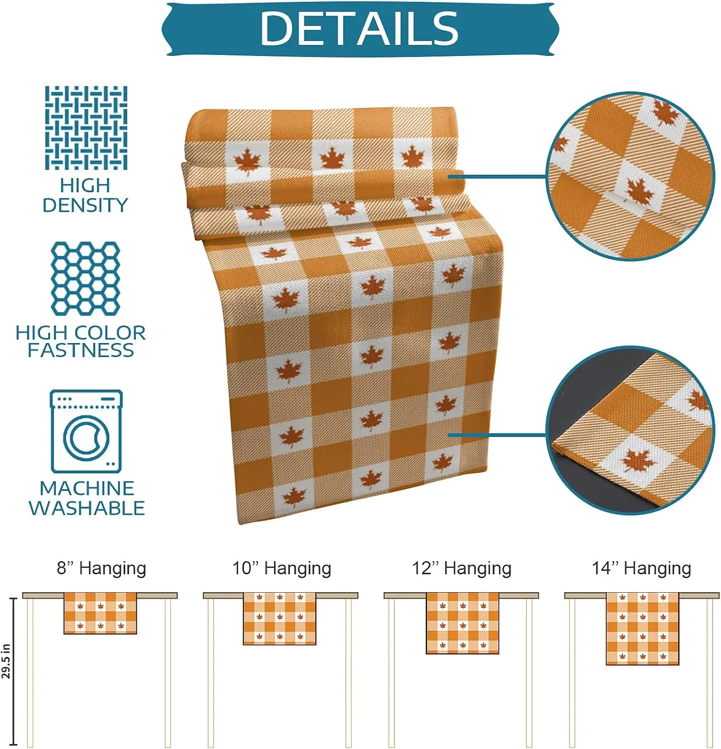 Autumn Maple Leaf Orange Plaid Linen Table Runner, Washable Daily Home Table Runner, Dining Table Setting