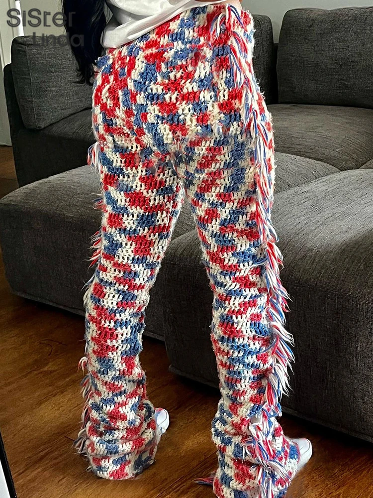

Jusahy Fashion Knit Colorful Plaid Women Pant Patchwork Side Tassel Colorful Skinny Trouser Wild Hipster Streetwear Bottoms2025