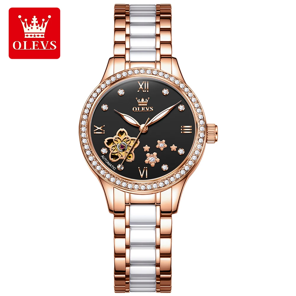 OLEVS Automatic Mechanical Woman Watch Hollowed Flower Design Ceramic Strap Diamond Bezel Luminous Waterproof Watches for Women