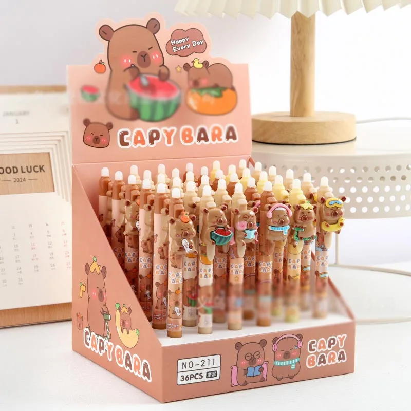 36pcs/lot Cartoon Capybara Erasable Press Gel Pen Cute 0.5mm Blue Ink Neutral Pens Office School Writing Supply