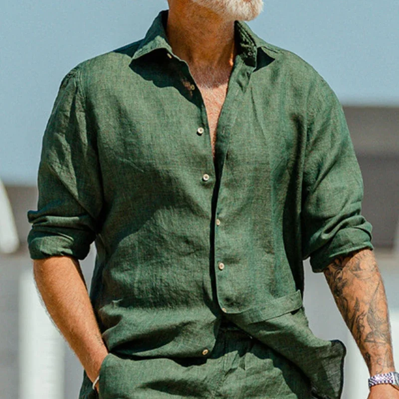 Men's leisure linen costume, new trend, casual, plain color, long sleeve shirts + shorts, 2-piece set, American urban style