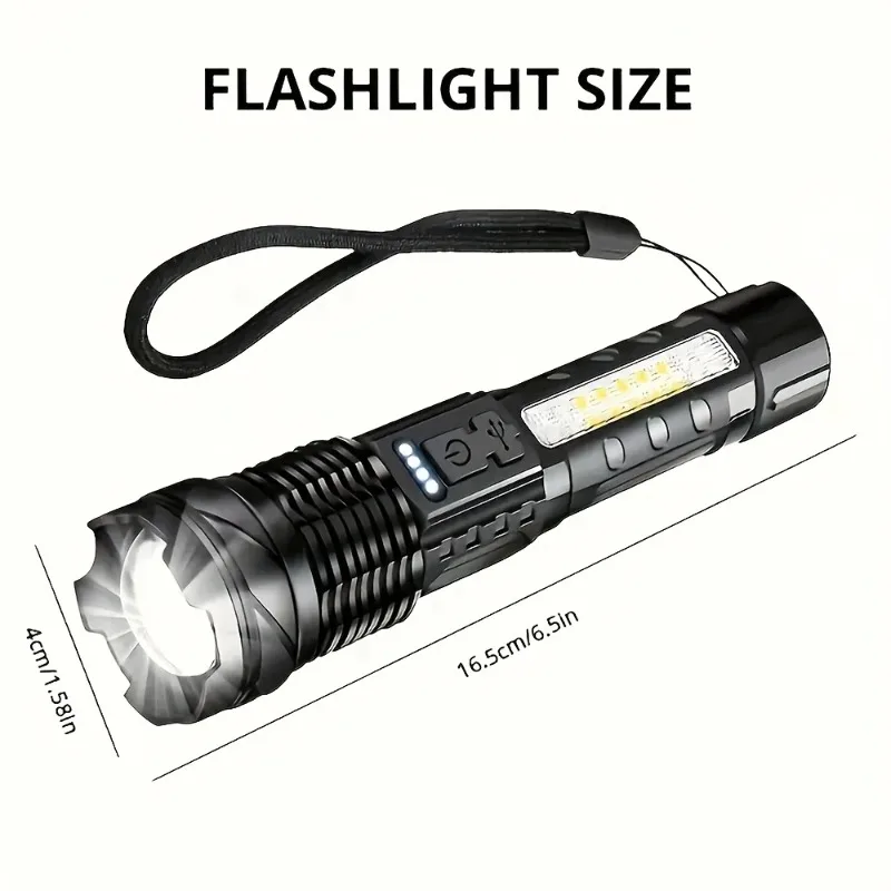 Lanternas de alto lúmen recarregável led lanterna tática com luz lateral zoomable luzes de flash portáteis para caminhadas de emergência