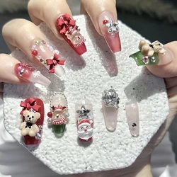10 Pcs Cute Bear Bow Elk Nail Art Christmas Elements Handmade Wear Nail Red Festive New Year False Nails Removable Nail Patches