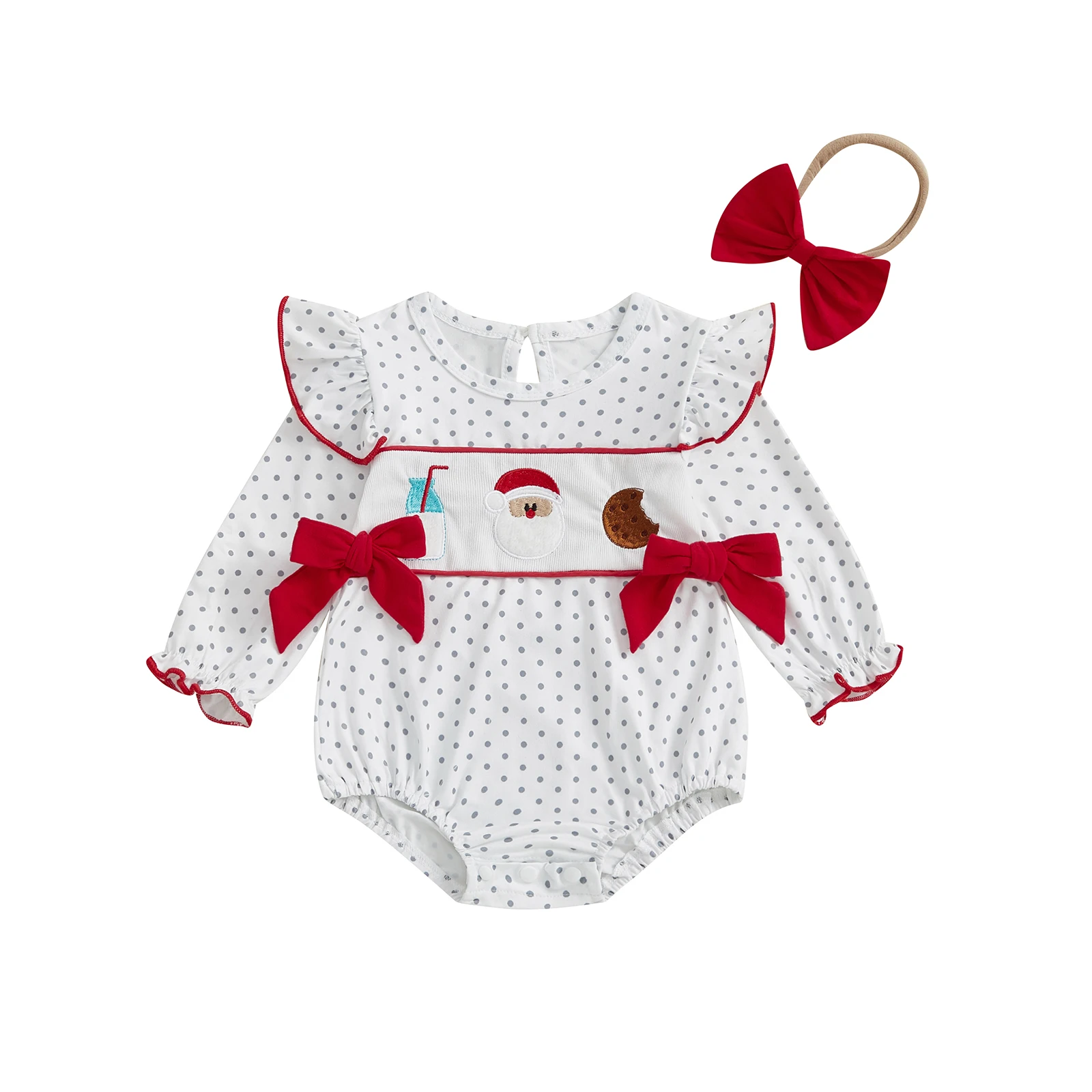 

Baby Girls Christmas Romper Embroidery Dot Print Bow Long Sleeve Jumpsuits and Cute Headband Set for Toddler