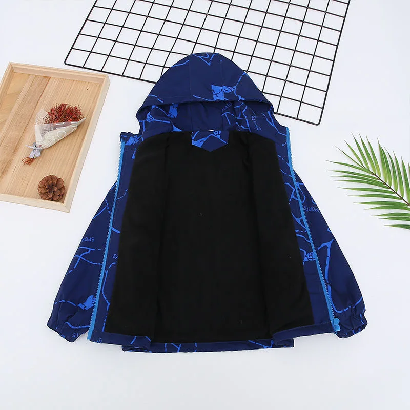ZOETOPKID Boy Girl Waterproof Lightning Printed Fleece Lined Hooded Zip Hiking Jackets Children's Outfit Tops Child Track Coats