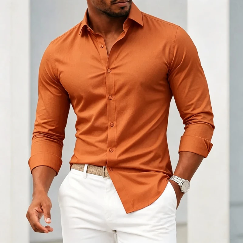 Men's long sleeved shirt with a lapel button and rolled cuffs, men's top with slim fit, business casual, daily wear, men's shirt
