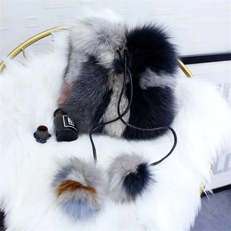 Women's Luxury Fur Drawstring Bucket Bag High Quality Fox Fur Fashion Shoulder Bag Soft Handbag With Color Contrast Design