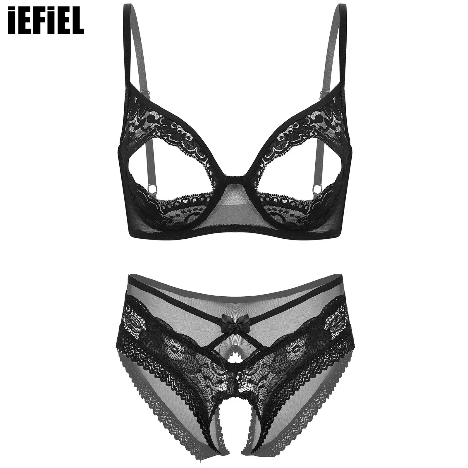 

Womens Sexy Lace Lingerie Set Cupless Underwired Or Wire-free Bra Top with Crotchless See Through Briefs Tempting for Nightwear