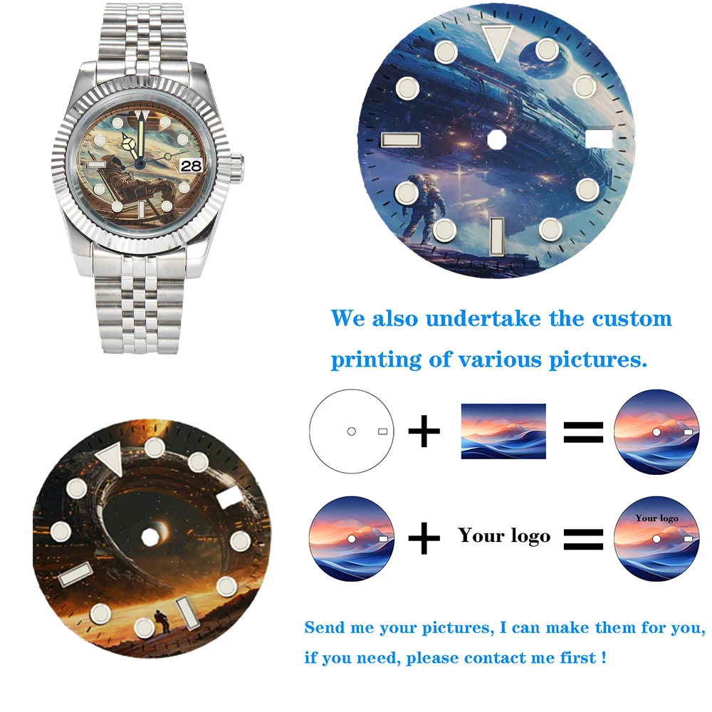 NH35 الطلب 28.5 مللي متر ساعة الطلب مخصص مؤشر مضيئة nh35 الطلب الطباعة الملونة nh35 ساعة الوجه صالح NH35/36 ساعة يد تعمل بالحركة أجزاء